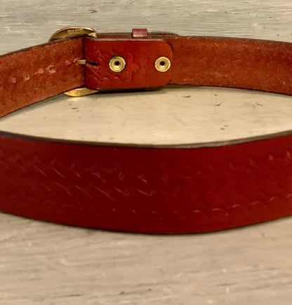 Longhorn Embossed Weave Pattern Brown Leather Belt w/ Gold Buckle Like New