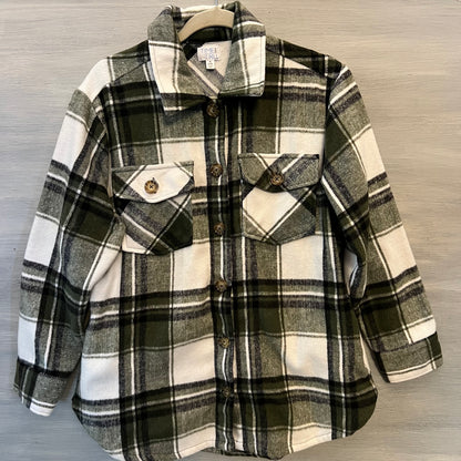 Time&Tru Olive Green Black Cream Plaid Flannel Button Down Shirt Shacket Small Good Condition