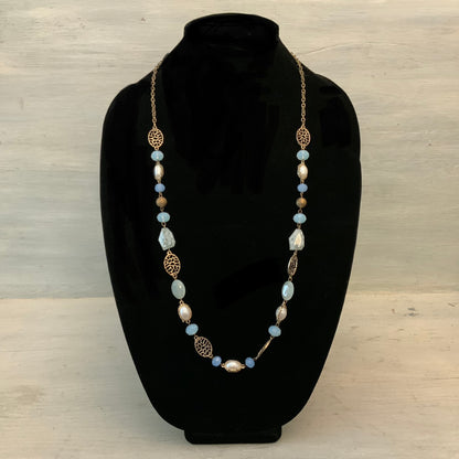 Elegant Beaded Faux Pearl Stone Gold Metal Chain Necklace Good Condition