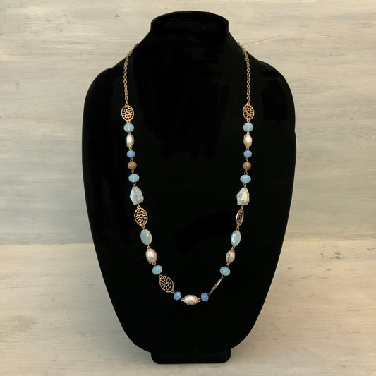 Elegant Beaded Faux Pearl Stone Gold Metal Chain Necklace Good Condition