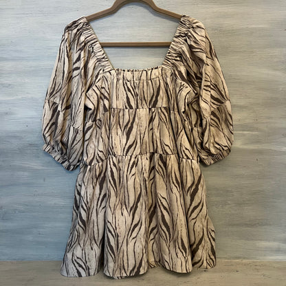 Mustard Seed Beige Tan Zebra Print Puff Sleeve Baby Doll Mini Dress Size Small Like New