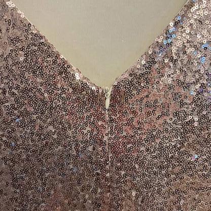 Regena X Pink Champagne Sequin 3/4 Sleeve V Back Mini Dress XL Good Condition