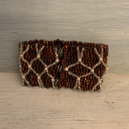 Handmade Copper Toned Beaded Cuff Bracelet w/ Lattice Weave Pattern 7" Good Condition