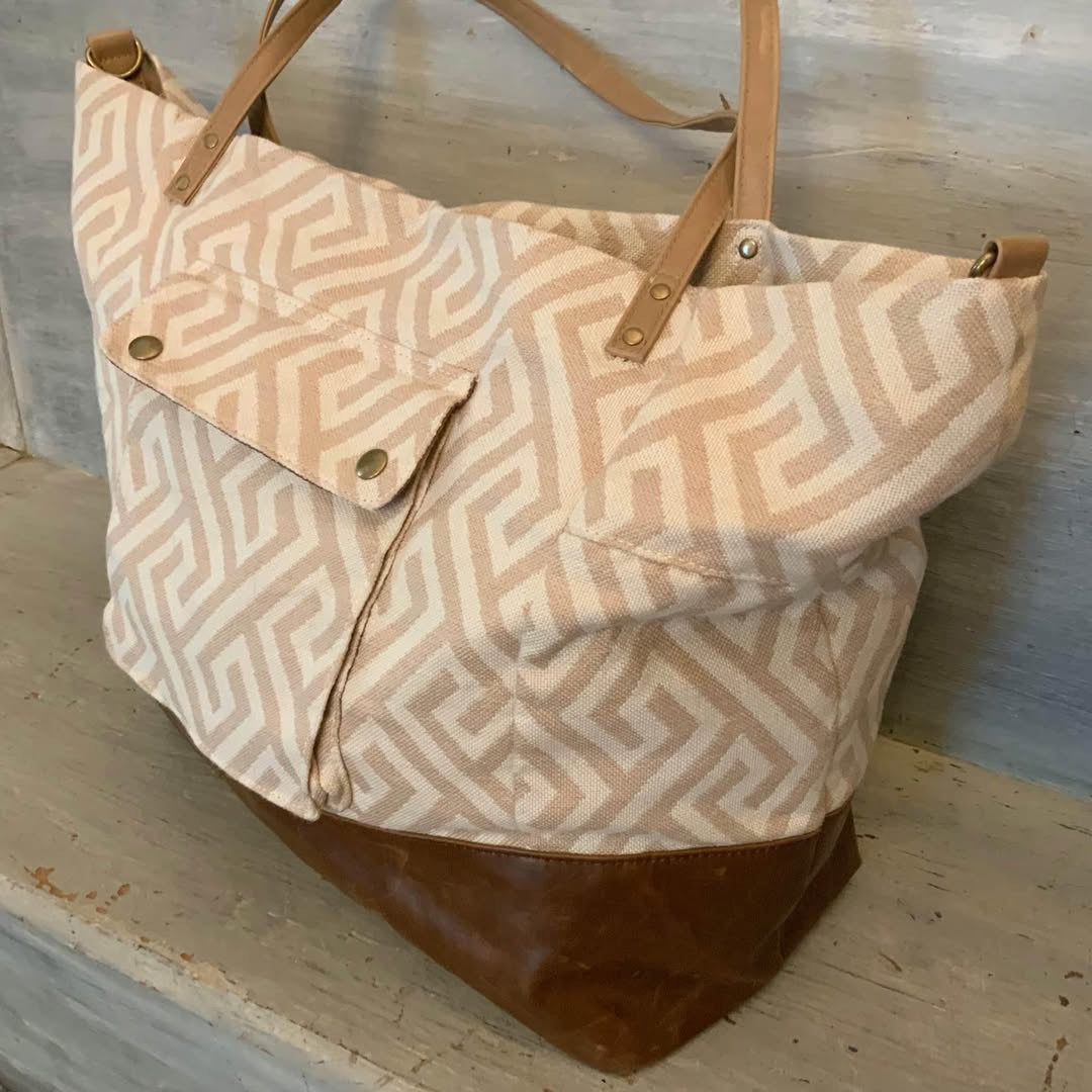 Mossimo Canvas Greek Key Faux Brown Leather and Suede Overnight Weekender Bag Good Condition