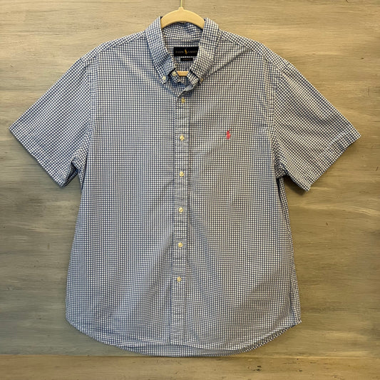 Ralph Lauren 100% Cotton Blue White Buffalo Checked Button Down Shirt Size XL Good Condition
