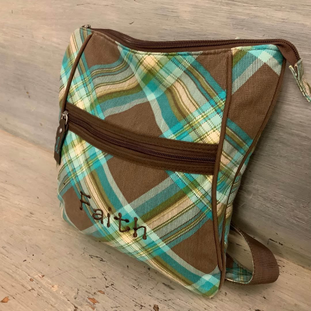 Thirty-One “Faith” Brown Aqua Blue Plaid Crossbody Bag Purse 10x11 Like New