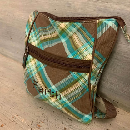 Thirty-One “Faith” Brown Aqua Blue Plaid Crossbody Bag Purse 10x11 Like New