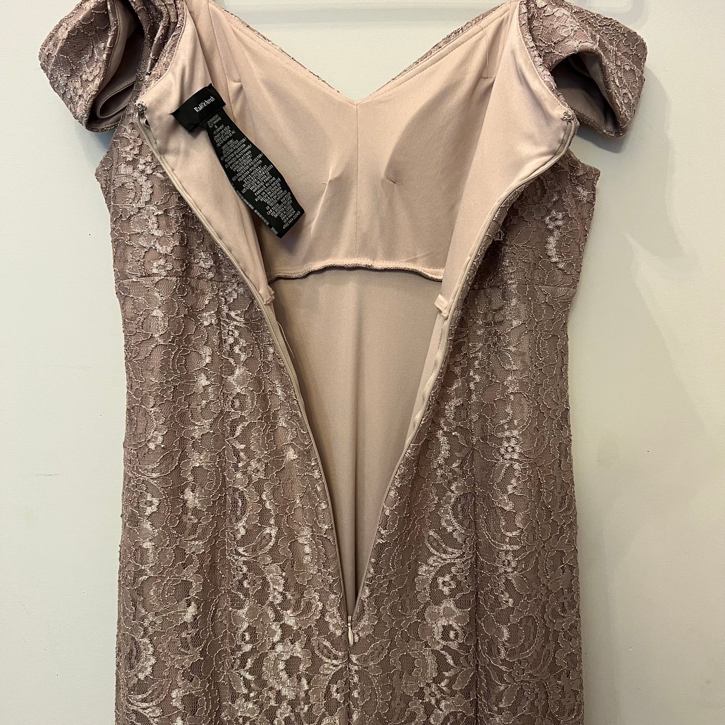 R&M Richards Taupe Shimmer Lace Mermaid Gown Size 16 Good Condition
