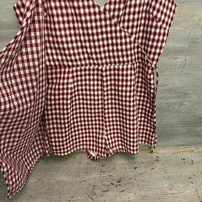 Super Down 100% Cotton Burgundy White Check Faux Wrap Romper Medium Like New