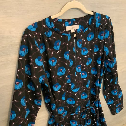 LOFT Black Blue Floral Print Shirt Dress Medium Like New