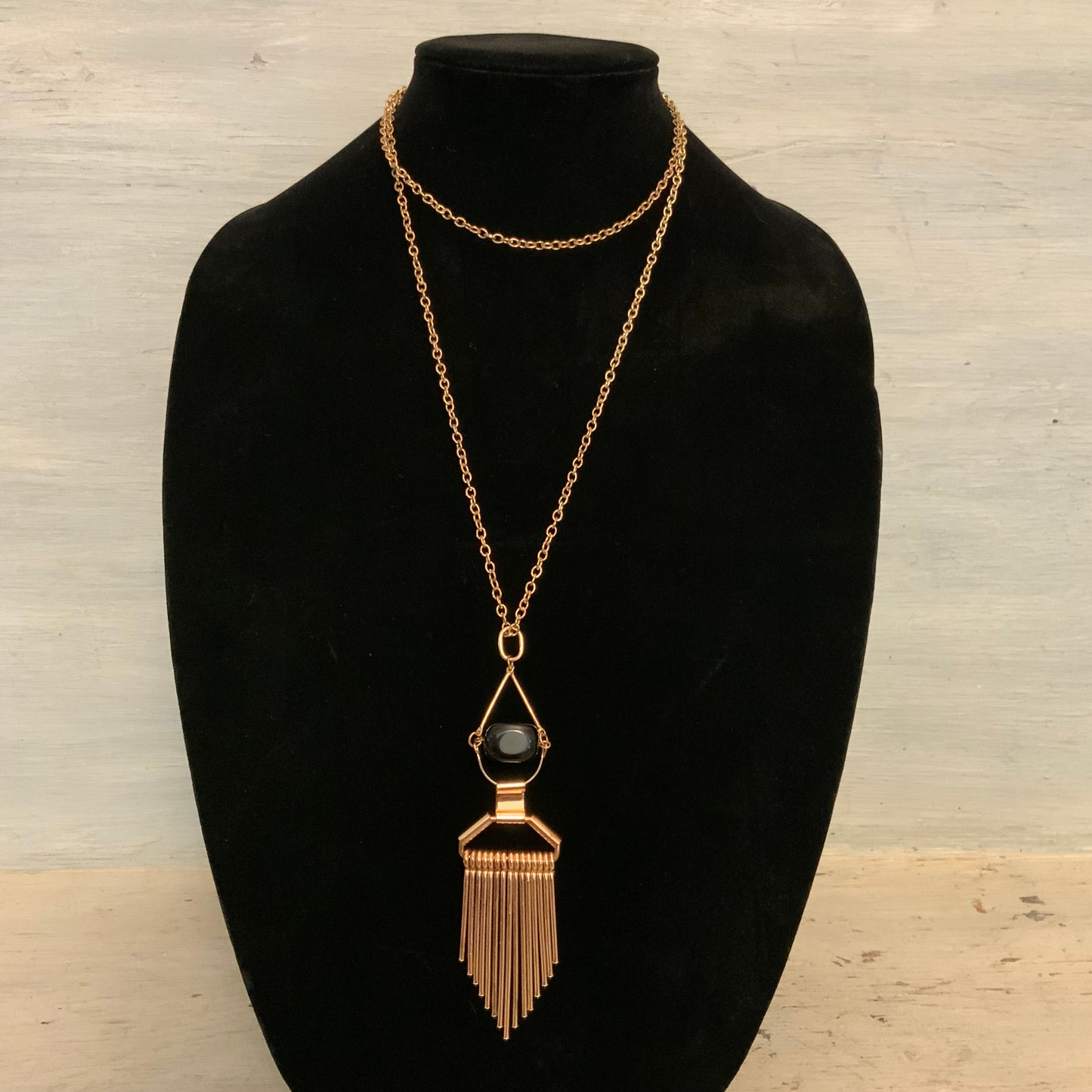 Long Gold Tone Geometric Tassel Pendant Statement Necklace 39-43" Good Condition