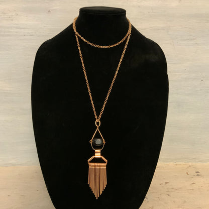 Long Gold Tone Geometric Tassel Pendant Statement Necklace 39-43" Good Condition