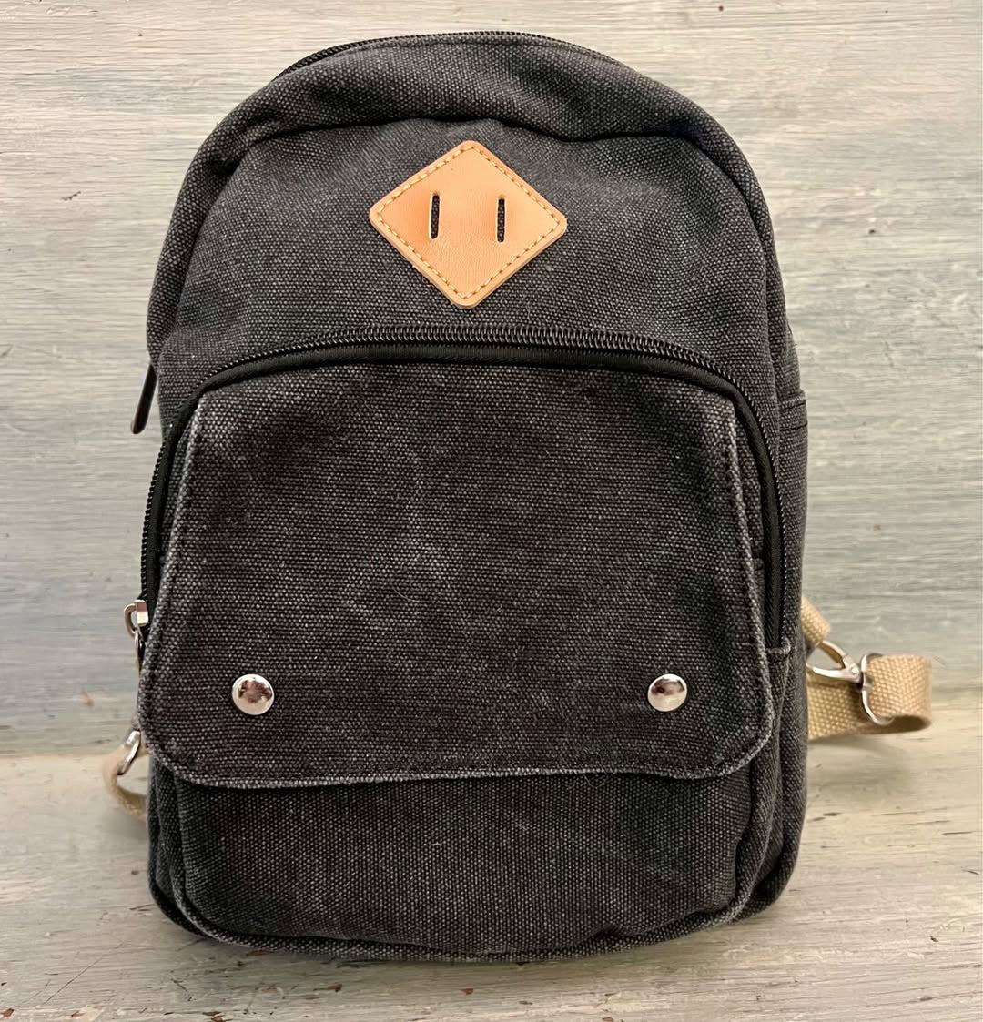 Gray Canvas Backpack Purse Adjustable Straps Zip Closure Front Pockets Like New