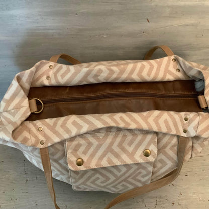 Mossimo Canvas Greek Key Faux Brown Leather and Suede Overnight Weekender Bag Good Condition