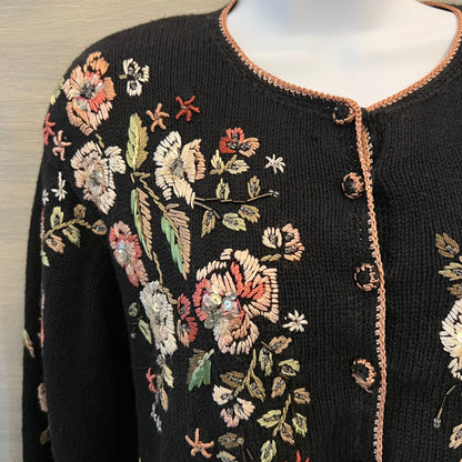Vintage Heirloom Collectibles Black Floral Embroidered Cardigan Sweater Size Small Good Condition