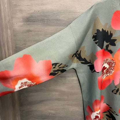 SHEIN Curve Sage Green Large Abstract Hibiscus Flower Crew Neck Sweater Size 3XL New without Tags