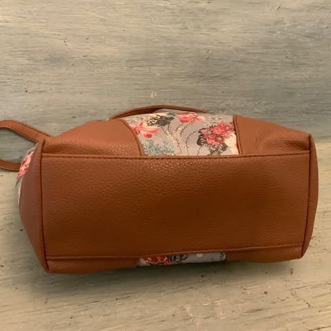 Rosetti Faux Brown Leather Pink Purple Floral Print Shoulder Bag Purse Good Condition
