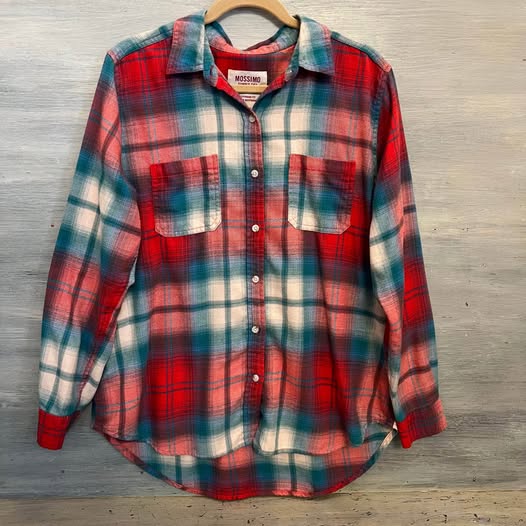 Mossimo Teal Red Plaid 60% Cotton Flannel Button Down Shirt Large Good Condition