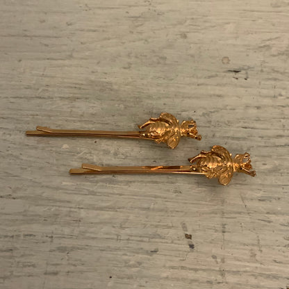 Set of 2 Gold Tone Decorative Bumble Bee Bobby Pin Hairpins 3" Long Good Condition