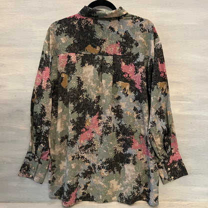 entro Tiger Black Blue Green Pink Floral Print Button Down High Low Blouse Large Good Condition
