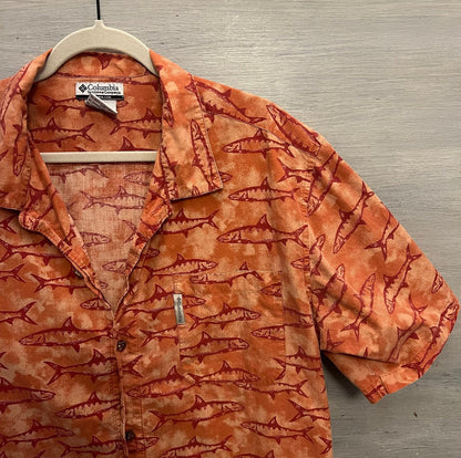 Columbia Men’s Coral Fish Print Button Down Short Sleeve Shirt Size XL Good Condition
