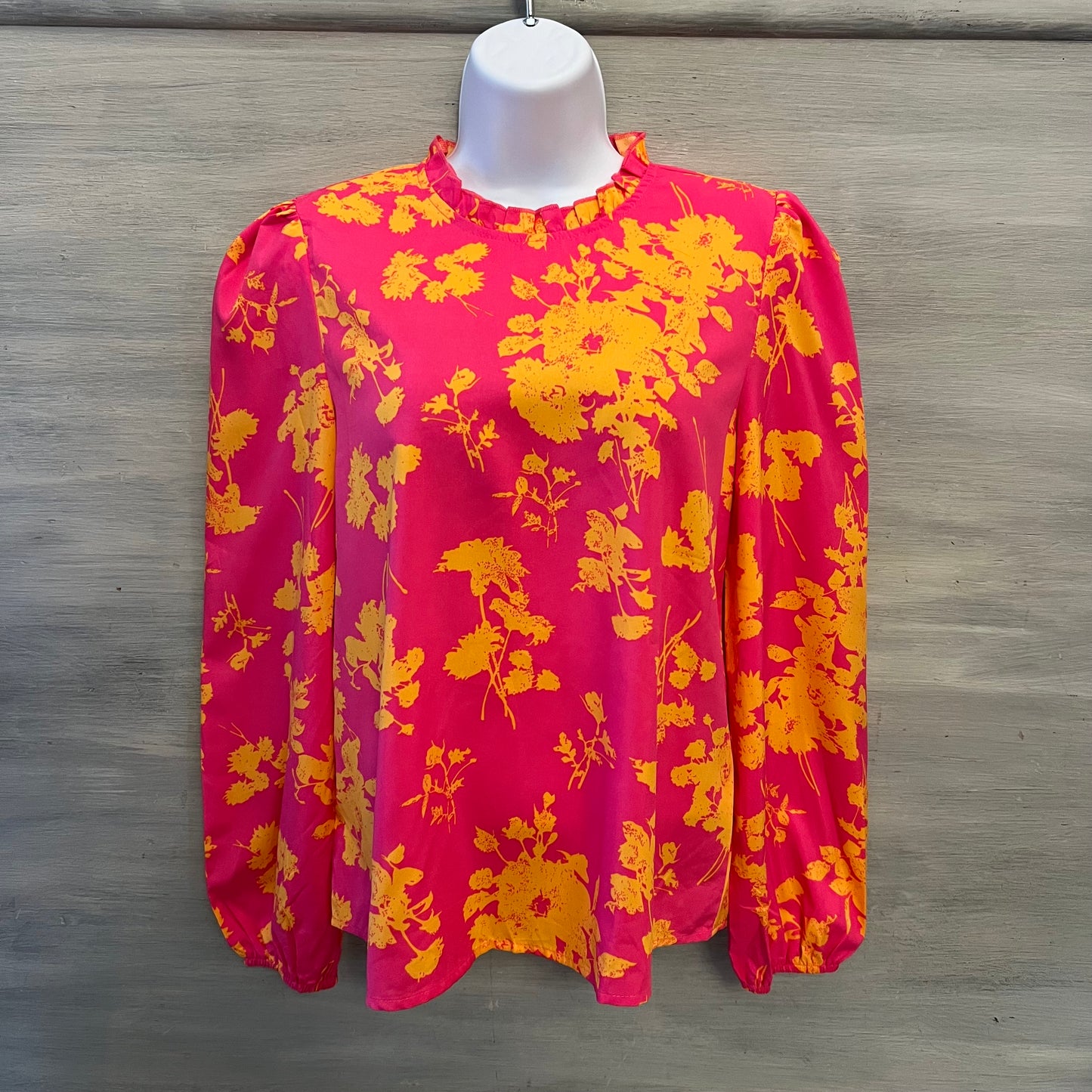 Shein Hot Pink Orange Floral Print High Ruffle Collar Blouse Size Medium Good Condition