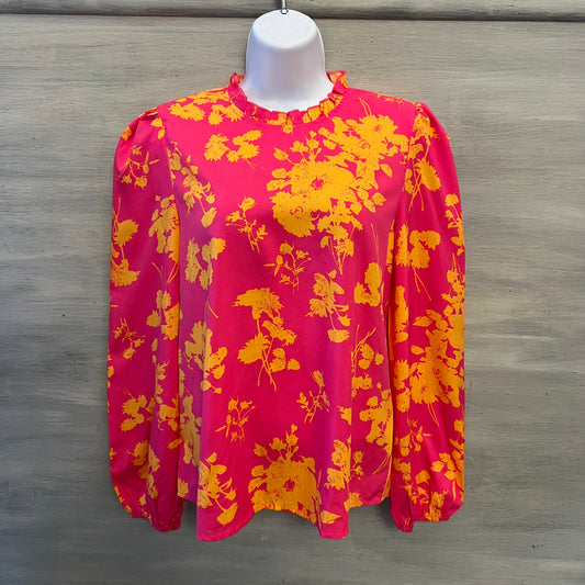 Shein Hot Pink Orange Floral Print High Ruffle Collar Blouse Size Medium Good Condition