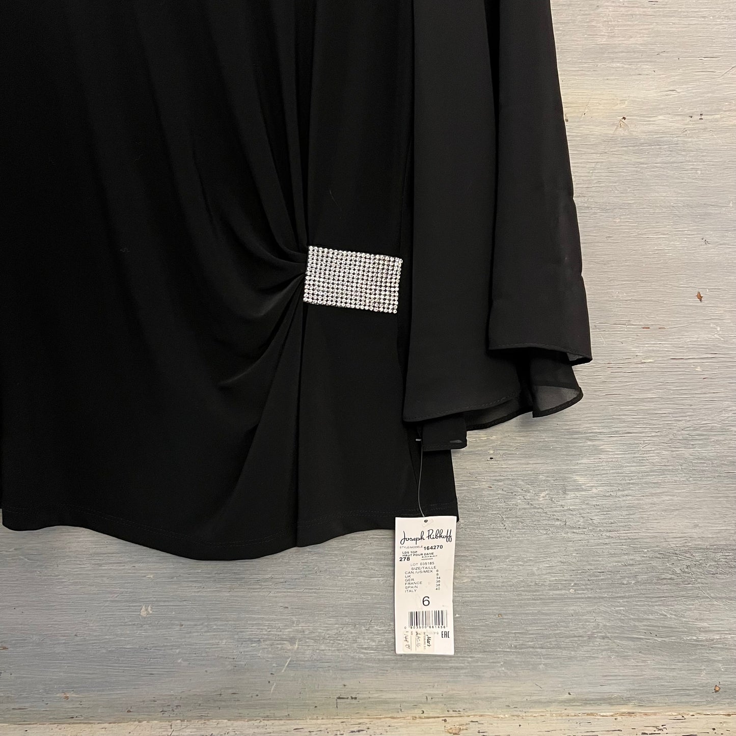 Joseph Ribkoff Elegant Black Sheer Flare Sleeve Ruched Side Blouse Size 6 New with Tags