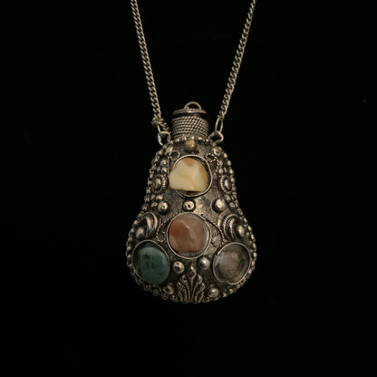 Vintage Antique Silver Tone Ornate Stone Encrusted Scent Flask Pendant 23" Good Condition