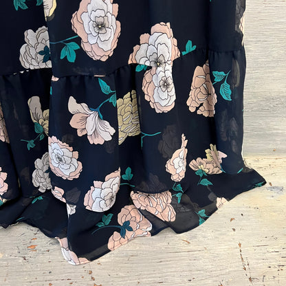 Loft Navy Blue Pink Flower Print Flowy Ruffled A-line Skirt Size 2 Like New