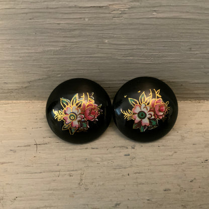 Vintage Black Floral Beaded Necklace & Earring Set Good Condition