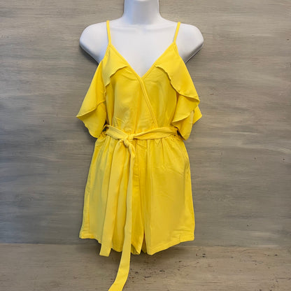 Shein Yellow Off Shoulder Ruffle Sleeve Tie Waist Romper Size Medium Like New