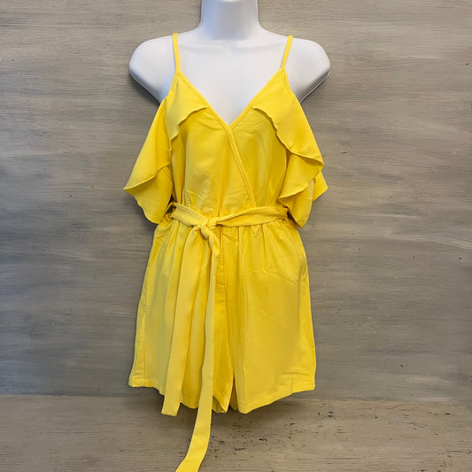 Shein Yellow Off Shoulder Ruffle Sleeve Tie Waist Romper Size Medium Like New