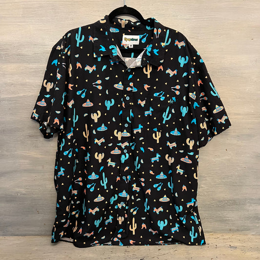 TipsyElves Men’s Black Mexican Southwest Print Short Sleeve Button Down Shirt Like New