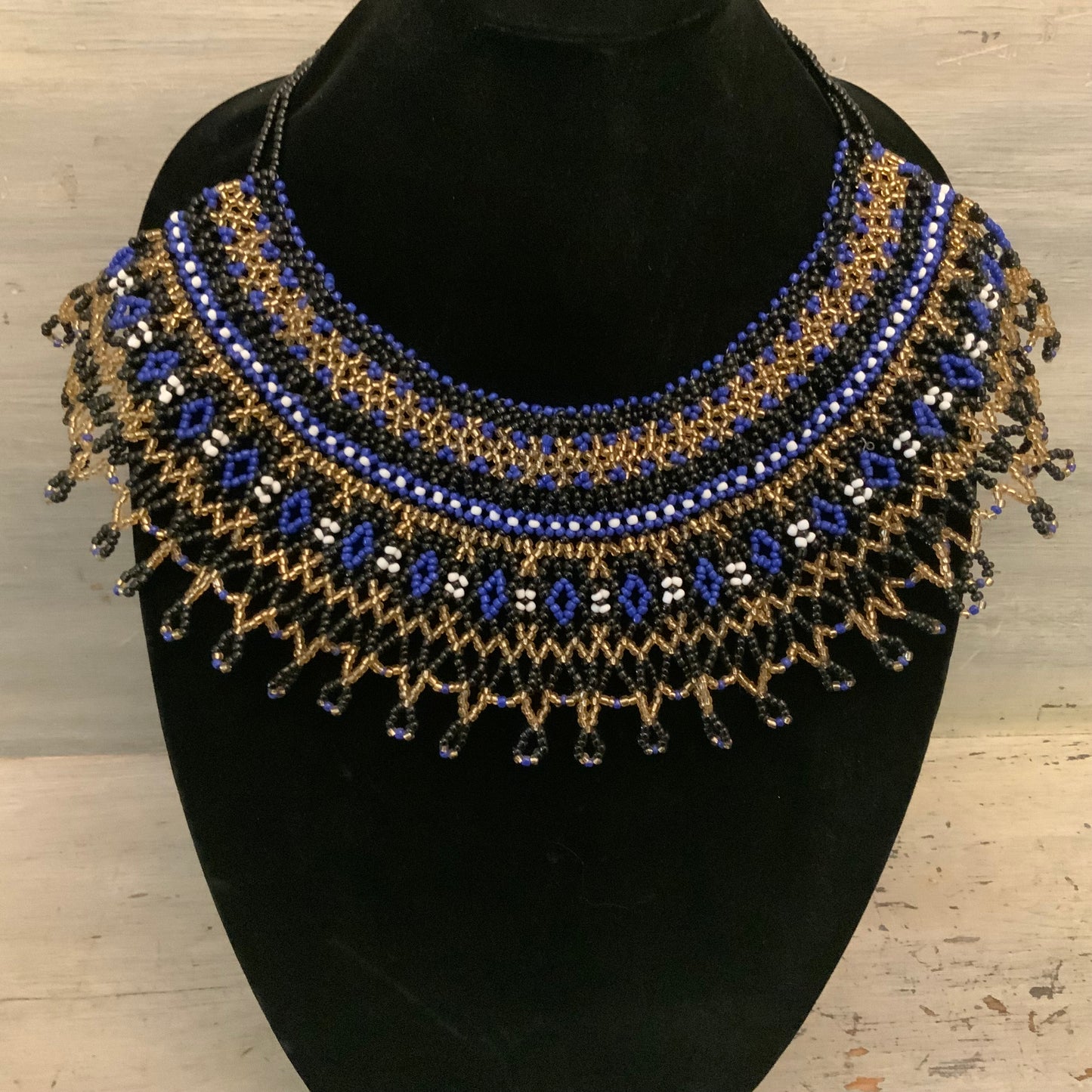 Beautifully Hand Beaded Gold Blue Black Statement Necklace 20”-23” New