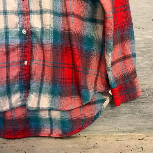 Mossimo Teal Red Plaid 60% Cotton Flannel Button Down Shirt Large Good Condition