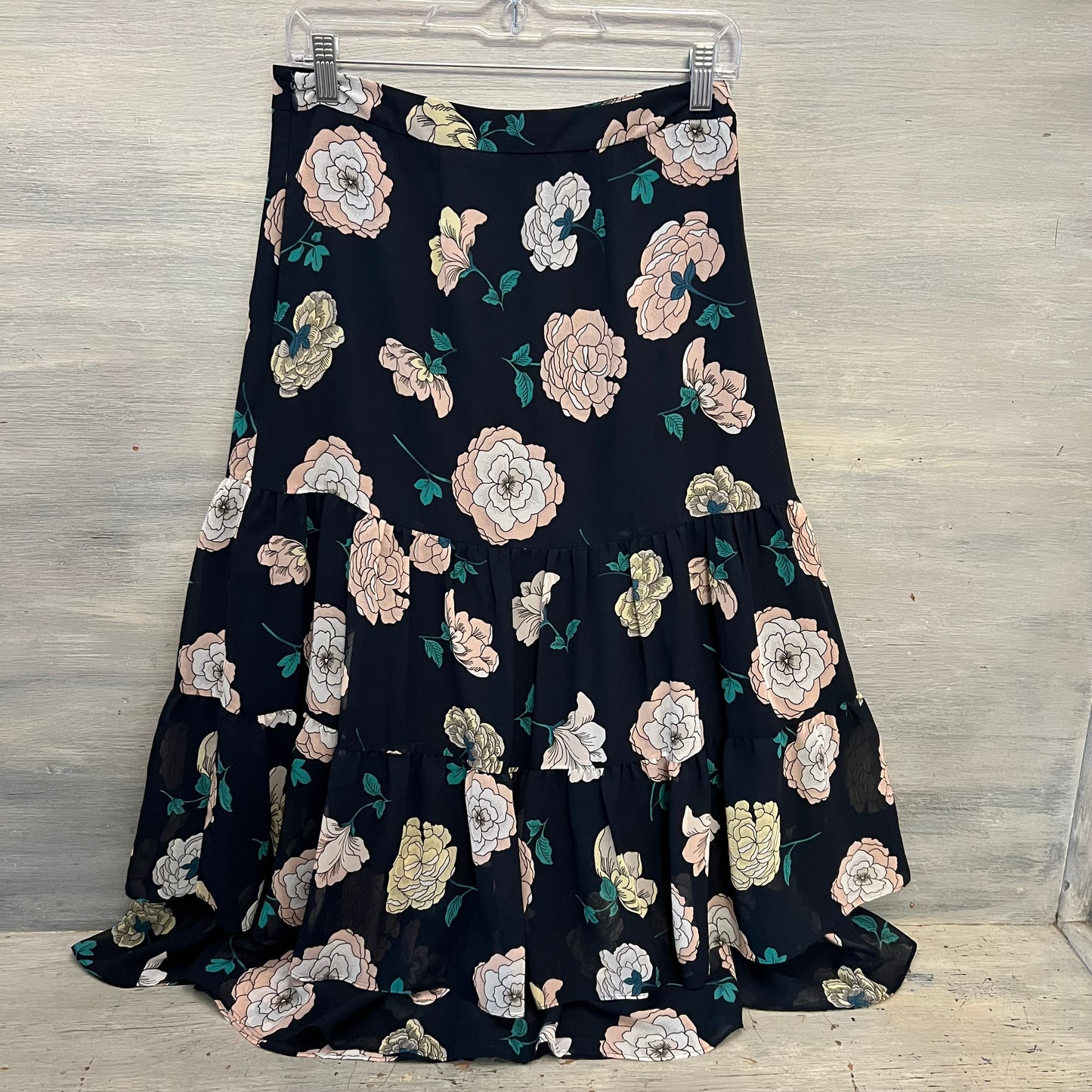 Loft Navy Blue Pink Flower Print Flowy Ruffled A-line Skirt Size 2 Like New