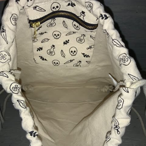 Skull Crossbones Poison Bottle Print Canvas Drawstring Backpack Good Condition