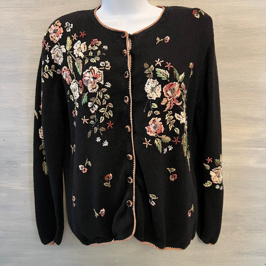 Vintage Heirloom Collectibles Black Floral Embroidered Cardigan Sweater Size Small Good Condition