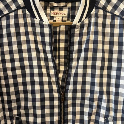 Merona White Navy Blue Check Bomber Jacket 70% Cotton Size Medium Like New