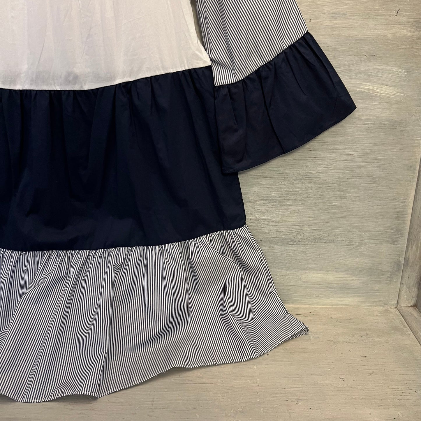 Pop Real White Navy Tiered Color Block Mini Dress w/ 3/4 Bell Sleeves Size Medium New with Tags