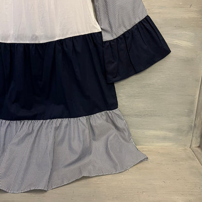 Pop Real White Navy Tiered Color Block Mini Dress w/ 3/4 Bell Sleeves Size Medium New with Tags