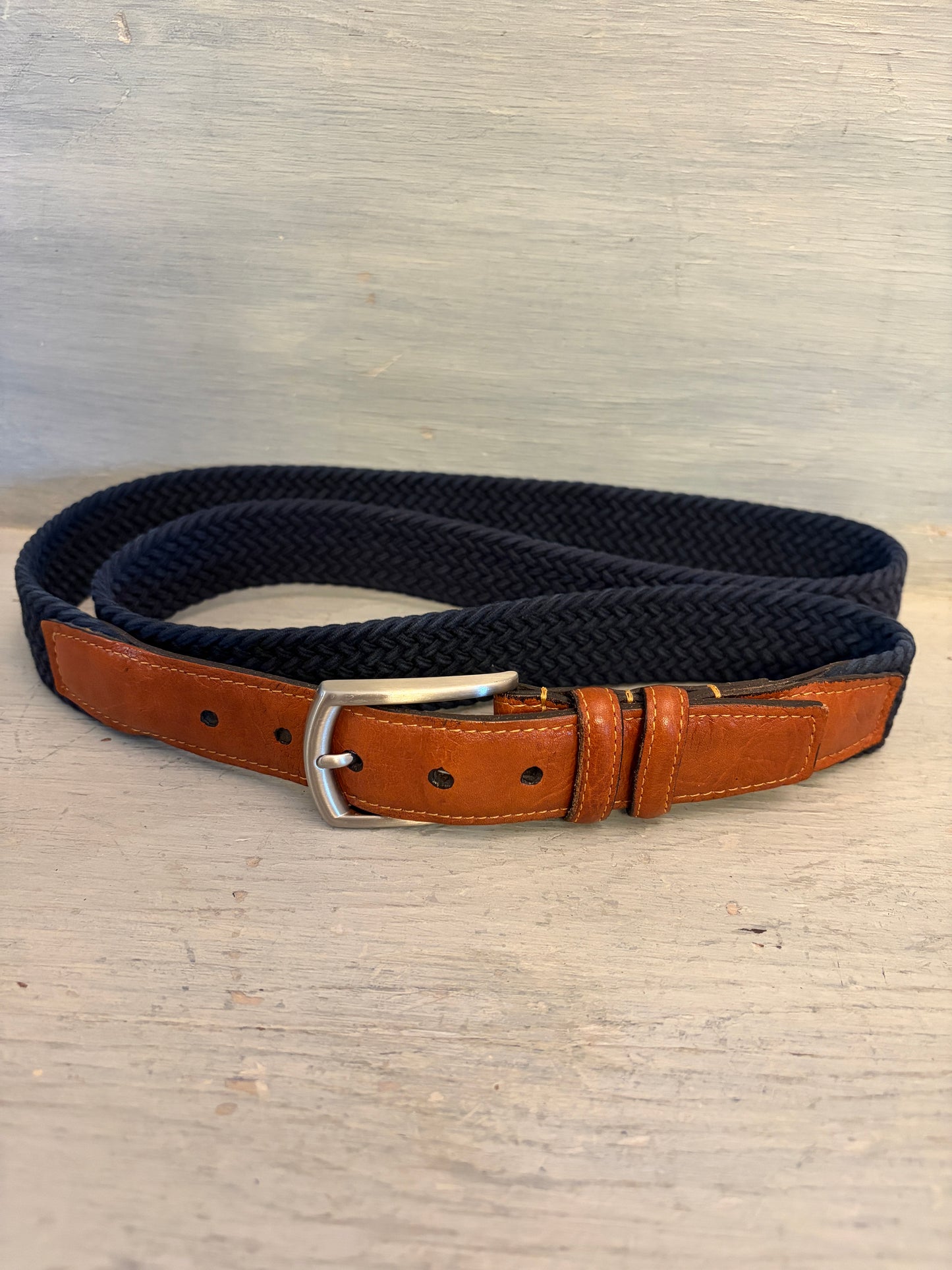 Torino Men's Navy Woven Stretch Belt with Brown Leather Trim 52" Good Condition