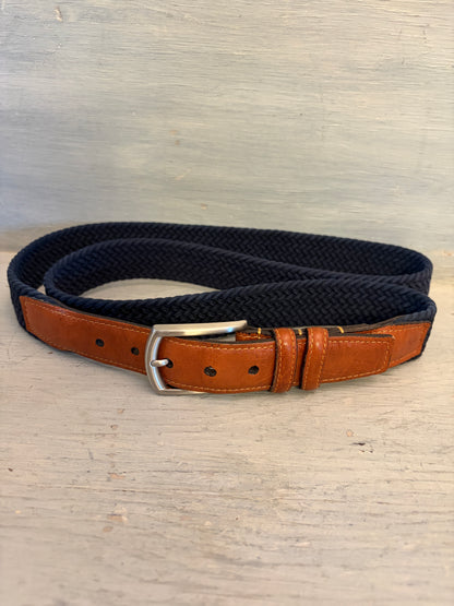 Torino Men's Navy Woven Stretch Belt with Brown Leather Trim 52" Good Condition