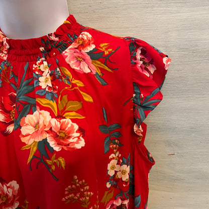 Loft Red Floral Ruffle Cap Sleeve Blouse Size Medium Good Condition