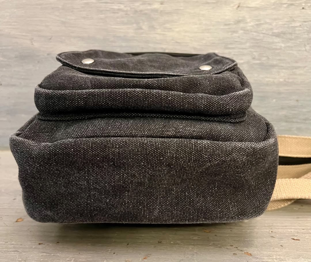 Gray Canvas Backpack Purse Adjustable Straps Zip Closure Front Pockets Like New
