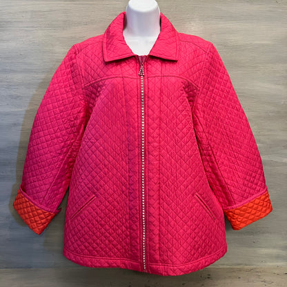Vintage the Quacker Factory Hot Pink Quilted Rhinestone Zipper Coat Jacket Est. Size XL Good Condition