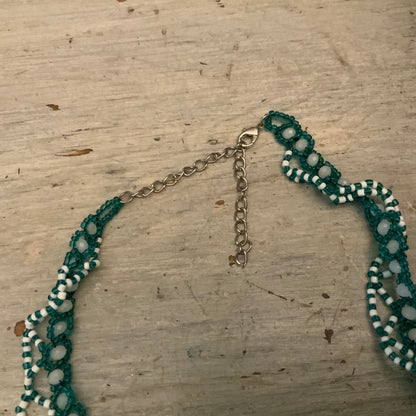 Beautiful Hand Beaded Aqua Blue White Mini Bead Choker Necklace 16”-19” New