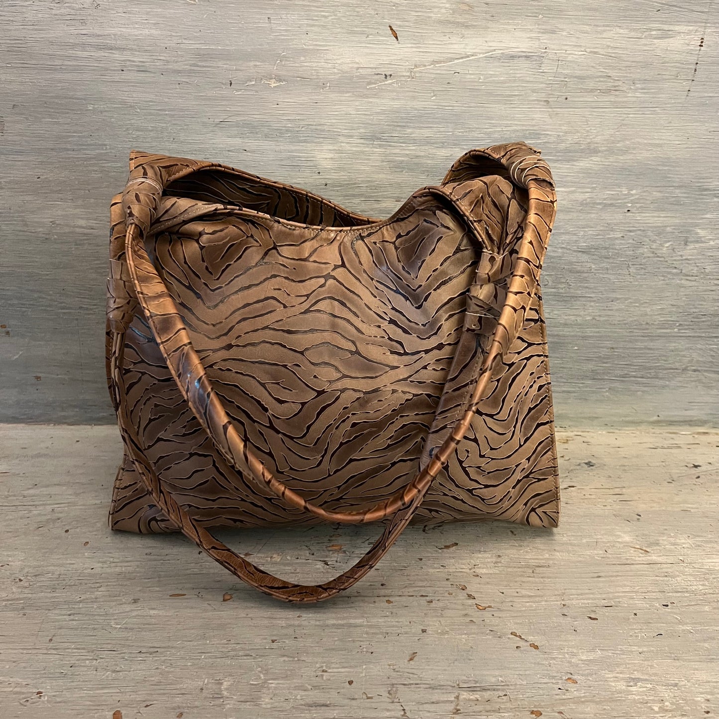 Faux Leather Tan Organic Pattern Shoulder Bag Purse 14x13x6 Like New