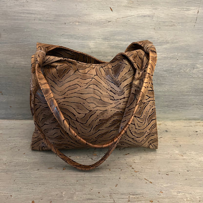 Faux Leather Tan Organic Pattern Shoulder Bag Purse 14x13x6 Like New